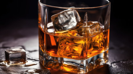 Whiskey with ice in glass isolated on white background. Generative AIの素材