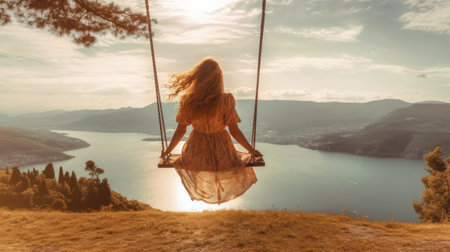 Woman swinging on swing enjoying beautiful. Generative AIの素材