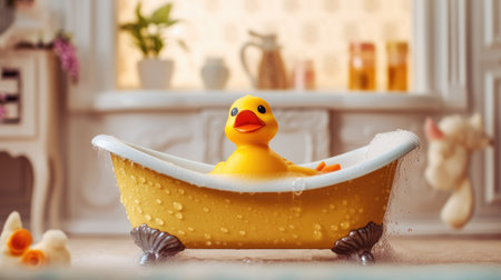 Yellow duck toy in the bathtub. Generative AIの素材