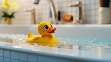 Yellow duck toy in the bathtub. Generative AIの素材