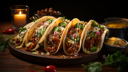 A group of tacos on a wooden board. Generative AI.の素材