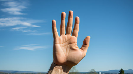 A hand reaching out to the sky. Generative AI.の素材