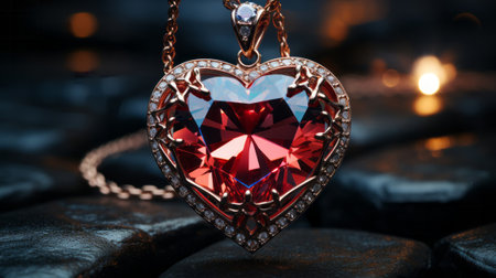 A heart shaped necklace with red light inside. Generative AI.の素材
