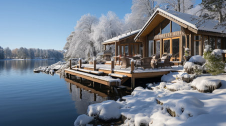 A house with a deck and a lake in the snow. Generative AI.の素材