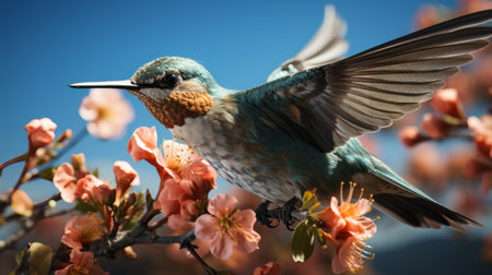 A hummingbird flying next to a flower. Generative AI.の素材