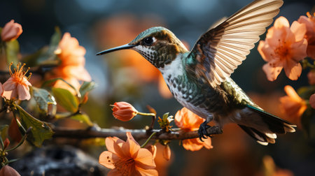 A hummingbird flying next to a flower. Generative AI.の素材