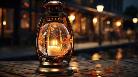 A lantern with a lit candle. Generative AI.の素材