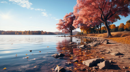 A lake with trees and a pink sky. Generative AI.の素材