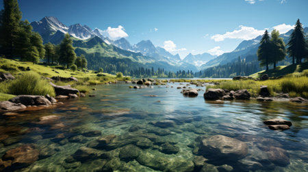 A lake surrounded by mountains. Generative AI.の素材