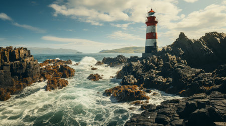 A lighthouse on a rock in the ocean. Generative AI.の素材