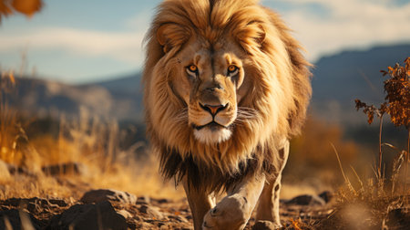 A lion walking in the grass. Generative AI.の素材