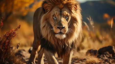 A lion walking in the grass. Generative AI.の素材