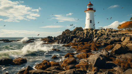 A lighthouse on a rock in the ocean. Generative AI.の素材