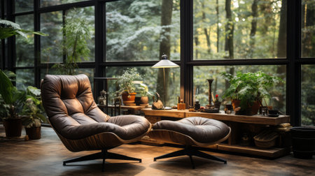 A living room with a chair and a table in front. Generative AI.の素材