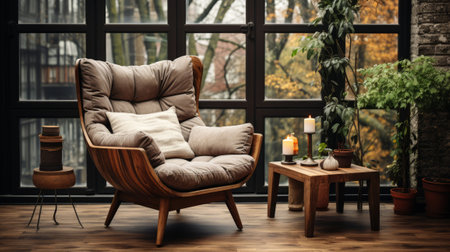 A living room with a chair and a table in front. Generative AI.の素材