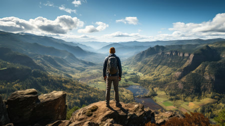 A man standing on a cliff looking at a valley. Generative AI.の素材
