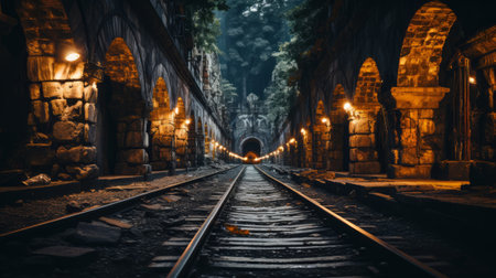 A long tunnel with a train track and buildings. Generative AI.の素材