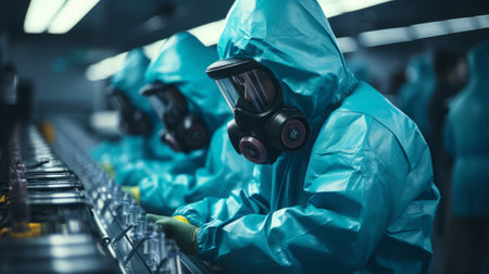 A man donned in safety gear is servicing machinery. Generative AI.の素材