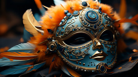 A mask with feathers and beads. Generative AI.の素材