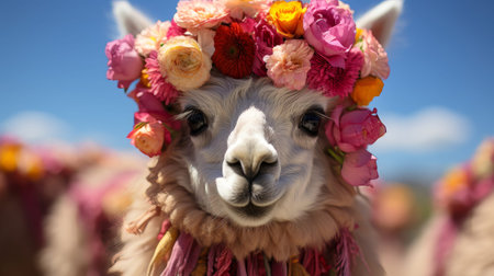 A llama wearing a flower crown. Generative AI.の素材
