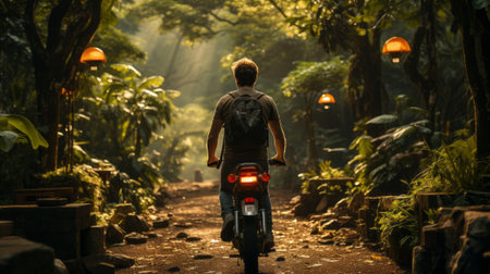 A man riding a motorcycle back view. Generative AI.の素材