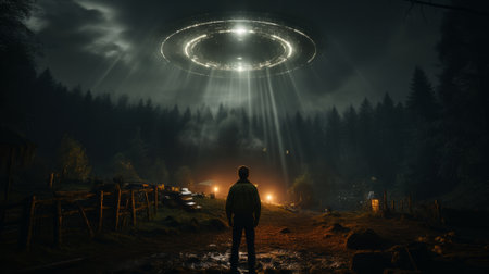 A man standing on a path looking at a large ufo above. Generative AI.の素材