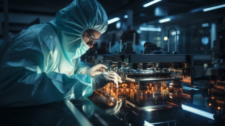 A man donned in safety gear is servicing machinery. Generative AI.の素材