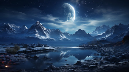 A mountain range with snow and stars in the sky. Generative AI.の素材