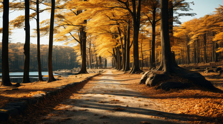 A path through a forest with orange leaves. Generative AI.の素材