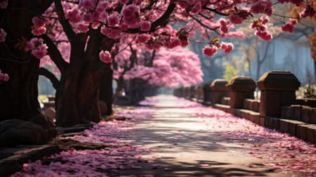 A path with pink flowers on trees. Generative AI.の素材