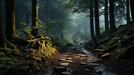 A path through a forest with trees and fog. Generative AI.の素材
