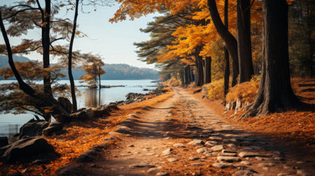 A path through a forest with orange leaves. Generative AI.の素材