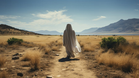 A person in a white sheet walking down a path . Createの素材