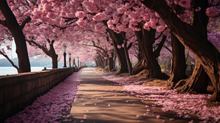 A path with pink flowers on trees. Generative AI.の素材