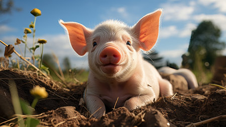 A pig lying on grass with its mouth open. Generative AI.の素材