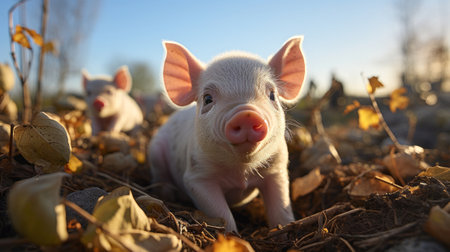 A pig lying on grass with its mouth open. Generative AI.の素材