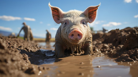 A pig in a mud puddle close-up. Generative AI.の素材