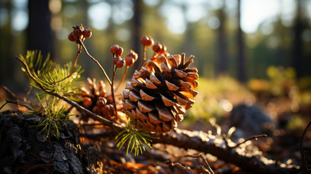 A pine cone on a branch. Generative AI.の素材
