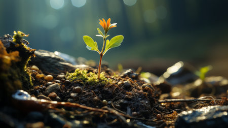 A plant growing out of a rock. Generative AI.の素材