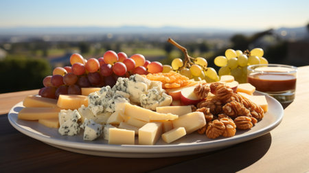 A plate of cheese and grapes. Generative AI.の素材