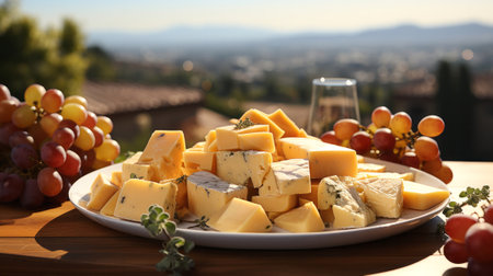 A plate of cheese and grapes. Generative AI.の素材