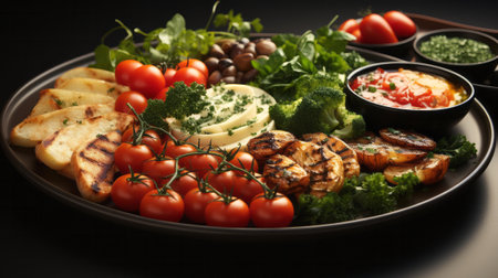 A plate of food with different kinds of food aerial. Generative AI.の素材