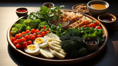 A plate of food with different kinds of food aerial viの素材