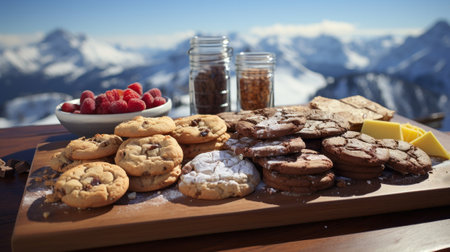A plate of cookies and other food on a snow covered. Generative AI.の素材