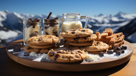A plate of cookies and other food on a snow covered loの素材