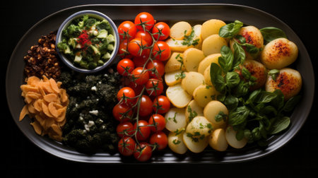 A plate of food with different kinds of food aerial. Generative AI.の素材