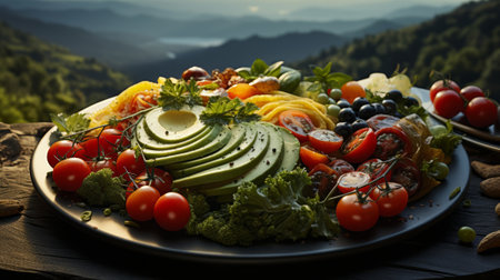 A plate of food with different kinds of food aerial viの素材