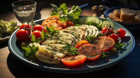A plate of food with different kinds of food aerial viの素材