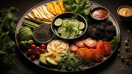 A plate of food with different kinds of food aerial. Generative AI.の素材