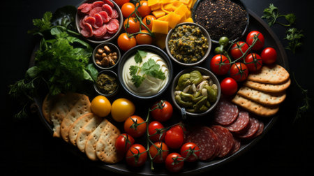 A plate of food with different kinds of food aerial. Generative AI.の素材